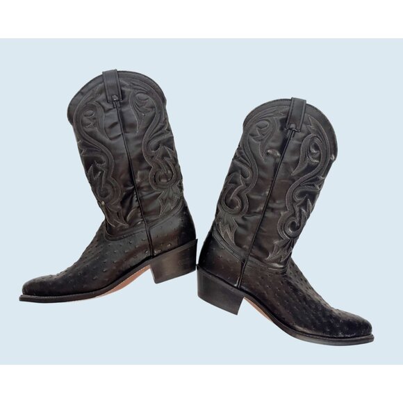 Vintage ACME Men's Black Ostrich Print Cowboy Western Boots Sz 9 1/2 D - Picture 2 of 8